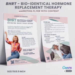 May include: A pink and white marketing flyer for Bio-Identical Hormone Replacement Therapy (BHRT). The flyer features two women, one sitting on a couch and the other standing. The flyer includes the text "BHRT - Bio-Identical Hormone Replacement Therapy" and "Bringing Back Your Spark".