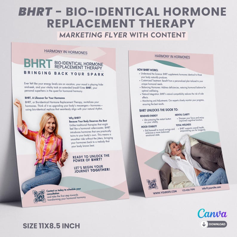 May include: A pink and white marketing flyer for Bio-Identical Hormone Replacement Therapy (BHRT). The flyer features two women, one sitting on a couch and the other standing. The flyer includes the text "BHRT - Bio-Identical Hormone Replacement Therapy" and "Bringing Back Your Spark".