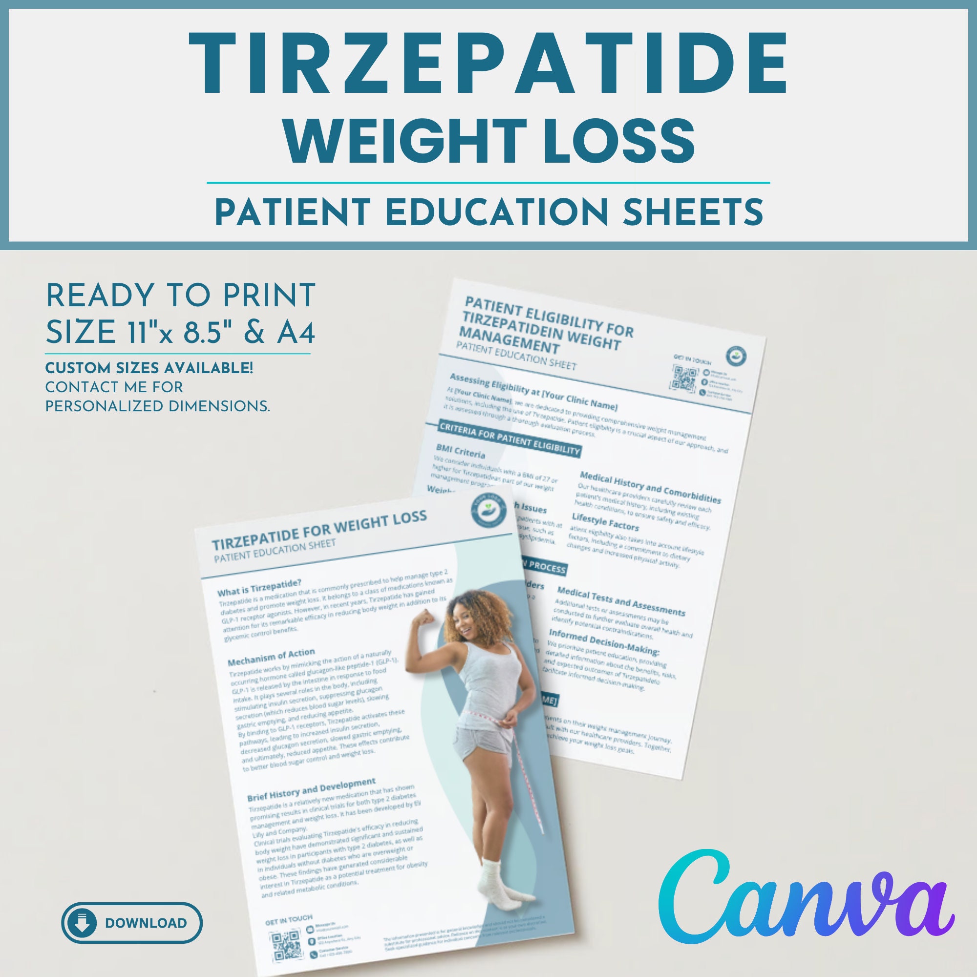 Tirzepatide Weight Loss Patient Educational Sheet Canva Editable