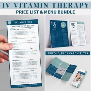 Pacote de menu de terapia intravenosa Modelo de marketing de gotejamento intravenoso Lista de preços de infusão intravenosa Brochura Canva Folheto de hidratação intravenosa Kit de serviços de bem-estar editável