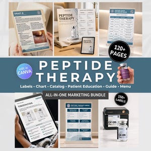 May include: A digital marketing bundle for peptide therapy featuring templates for patient education guides, reference charts, menus, and labels. The collection includes over 120 pages and 150 labels, with text elements like SNAP-8, Tirzepatide, and CJC-1295.