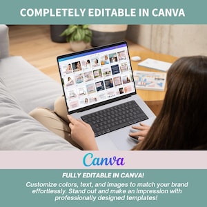 May include: A person using a laptop computer to edit a Canva template. The screen shows a grid of colorful social media graphics with text and images. The text on the screen reads "FULLY EDITABLE IN CANVA! Customize colors, text, and images to match your brand effortlessly. Stand out and make an impression with professionally designed templates!"
