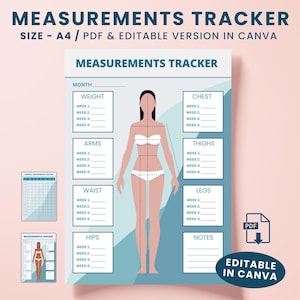 Puede incluir: Un rastreador de medidas imprimible con una ilustración de una figura femenina. El rastreador incluye secciones para peso, pecho, brazos, cintura, caderas, muslos, piernas y notas. El texto "MEASUREMENTS TRACKER" está en la parte superior, con "EDITABLE IN CANVA" en la parte inferior.