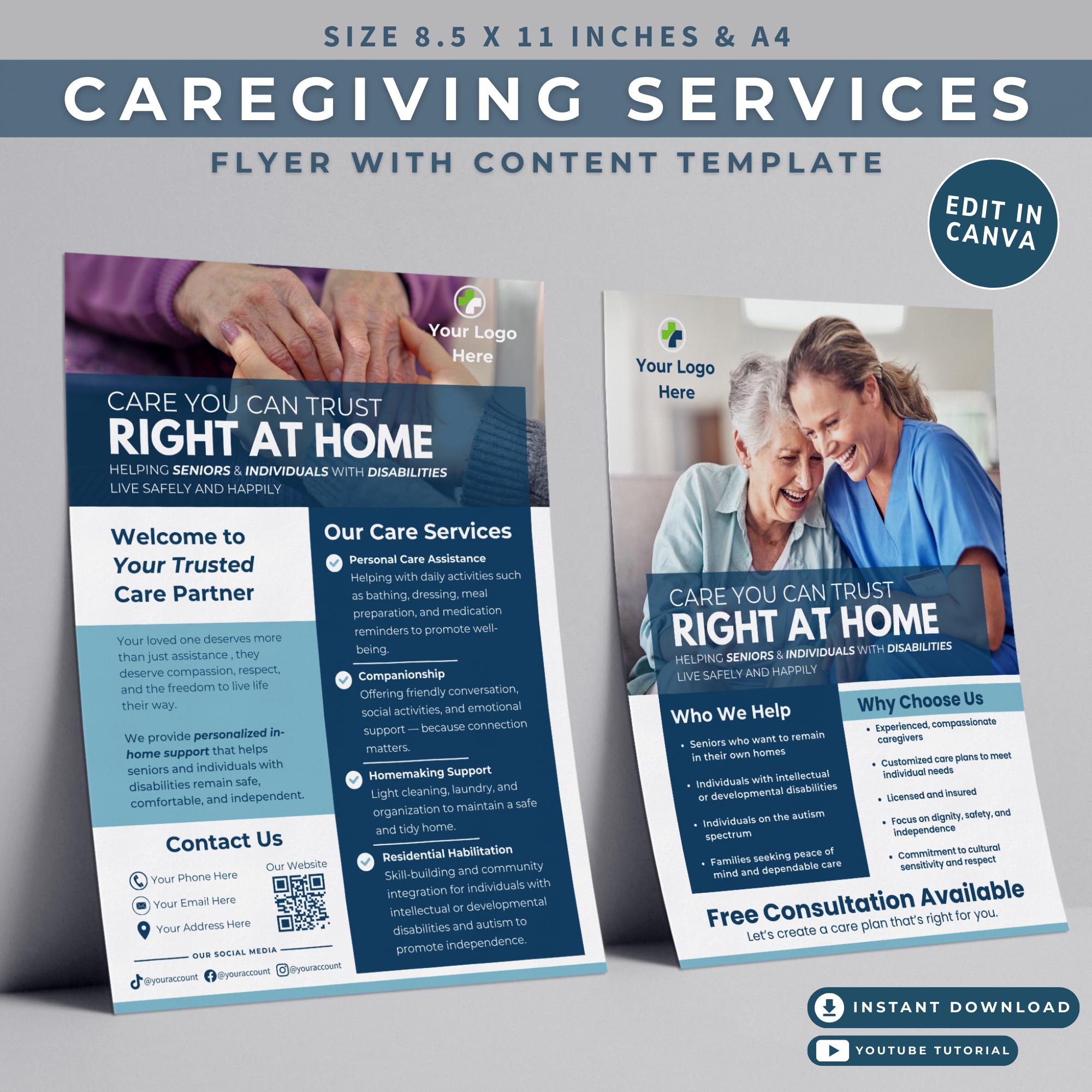 Home Care Flyer Caregiver Service Handout Senior Care Leaflet for ...