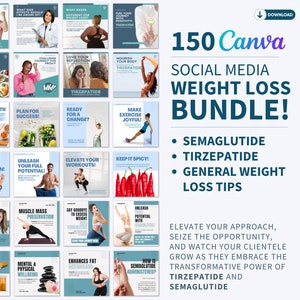 150 Social Media Weight Loss Bundle - Semaglutide + Tirzepatide + General Weight management tips | Medical Weight Loss Canva Editable