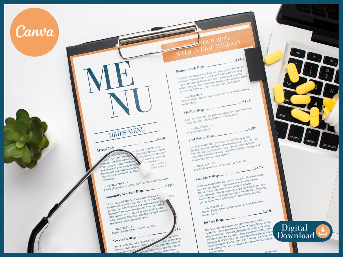 IV Printable Menu Digital Download Canva Template Orange IV Therapy ...