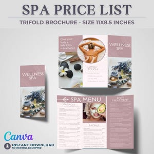 Szablon menu Spa Trifold Broszura zabiegów na twarz Cennik Masaż Cennik Ulotka Marketing wellness Canva Edytowalna ulotka MedSpa