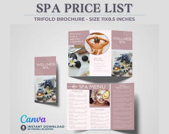 Spa Trifold Menu Template Facial Treatment Brochure Price list Massage Price guide Leaflet wellness marketing Canva Editable MedSpa Handout
