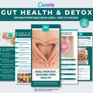 Modèle de carte de santé intestinale Document à distribuer sur la détoxification Médecine fonctionnelle Document à distribuer sur la santé digestive Canva, marketing pour nutritionniste, Santé