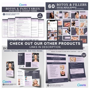 May include: A digital marketing bundle featuring printable forms, brochures, and social media templates related to Botox and injectable treatments. The design includes a trifold brochure, flyers, and social media posts. The text includes "Botox & Injectables" and "Instant Download".