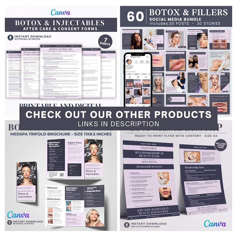 May include: A digital marketing bundle featuring printable forms, brochures, and social media templates related to Botox and injectable treatments. The design includes a trifold brochure, flyers, and social media posts. The text includes "Botox & Injectables" and "Instant Download".