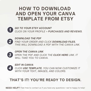 May include: A white and beige graphic with instructions on how to download and open a Canva template from Etsy. The steps are numbered and include going to your Etsy account, downloading a PDF, and opening the Canva link.