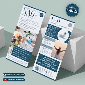 Może przedstawiać: Dwa ulotki promocyjne dla terapii NAD+, z tekstem i obrazami. Ulotki podkreślają korzyści terapii dożylnej, w tym zwiększoną energię i jasność umysłu. Jedna ulotka zawiera tekst "Edit in Canva".