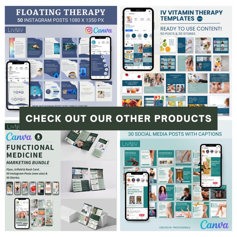 May include: A collage of four images showcasing social media marketing templates for various wellness services. The top left image features a blue and white template for "Floating Therapy" with 50 Instagram posts. The top right image features a green and white template for "IV Vitamin Therapy" with 50 posts and 50 stories. The bottom left image features a green and white template for "Functional Medicine" with 50 Instagram posts and 50 stories. The bottom right image features a green and white template for "30 Social Media Posts with Captions". All templates are designed using Canva.