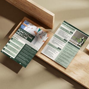 May include: A brochure for a functional medicine practice. The brochure features a photo of doctors and a microscope. The text on the brochure includes the words "Transform Your Health with Functional Medicine" and "Our Packages".