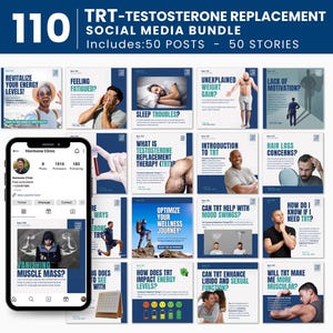 Plantilla para redes sociales sobre terapia hormonal con testosterona. Salud masculina. Instagram. Marketing de TRT. Publicación editable en Canva.