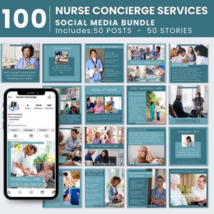 Nurse Concierge Social Media Template Bundle Homecare NR Nurse Content Instagram Bundle Template for Healthcare Nurse Marketing Canva Kit