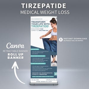Pode incluir: Uma faixa retrátil azul e branca anuncia Tirzepatide para perda de peso médica. A faixa apresenta uma mulher com um top branco e jeans, segurando suas calças para mostrar sua perda de peso. A faixa inclui o texto "Transforme sua vida com Tirzepatide!" e "Revolucione sua jornada para uma vida mais saudável!"