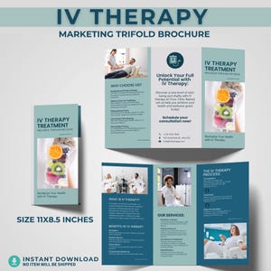 May include: A teal and white IV Therapy marketing trifold brochure. The brochure includes the text "IV Therapy Treatment" and "Revitalize Your Health with IV Therapy". The brochure is 11x8.5 inches in size.