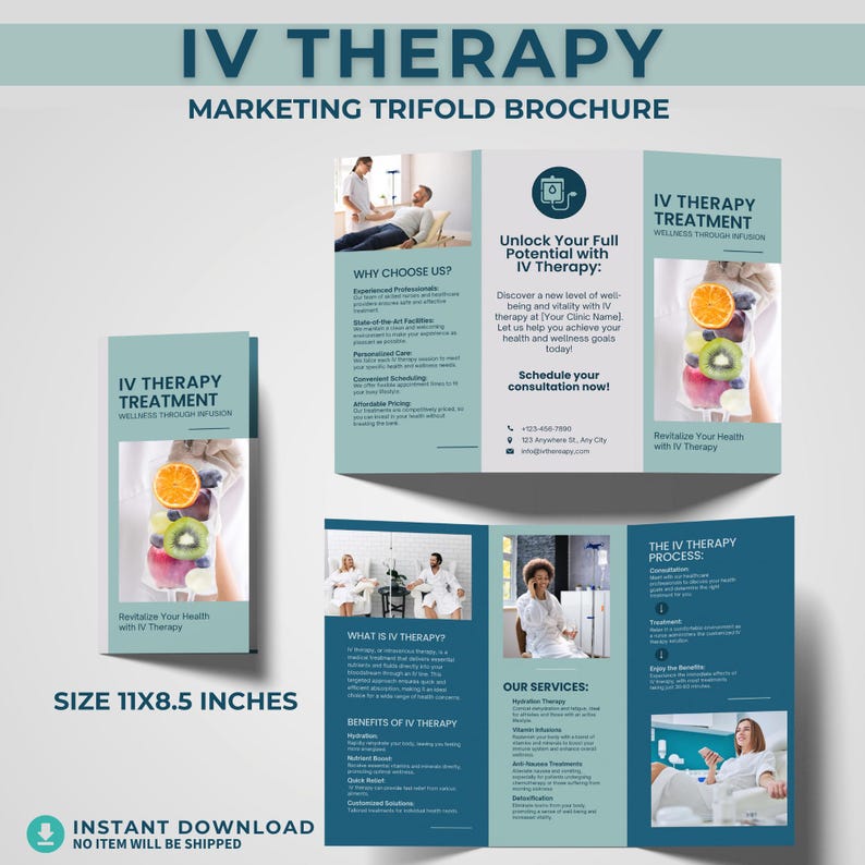 May include: A teal and white IV Therapy marketing trifold brochure. The brochure includes the text "IV Therapy Treatment" and "Revitalize Your Health with IV Therapy". The brochure is 11x8.5 inches in size.
