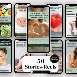 Editable Canva social media bundle for Functional Medicine marketing. Includes 50 Instagram posts and 50 stories to promote holistic health, gut healing, hormones, inflammation, and root cause care. Ideal for health coaches, nutritionists, and Functional Medicine practices seeking professional branding tools.