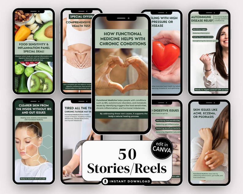 Editable Canva social media bundle for Functional Medicine marketing. Includes 50 Instagram posts and 50 stories to promote holistic health, gut healing, hormones, inflammation, and root cause care. Ideal for health coaches, nutritionists, and Functional Medicine practices seeking professional branding tools.
