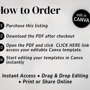May include: A graphic with instructions on how to order a template. The text reads: Purchase this listing, download the PDF, open the PDF and click the link, and start editing in Canva. Includes "edit in CANVA" logo.