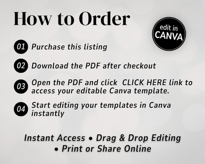 May include: A graphic with instructions on how to order a template. The text reads: Purchase this listing, download the PDF, open the PDF and click the link, and start editing in Canva. Includes "edit in CANVA" logo.