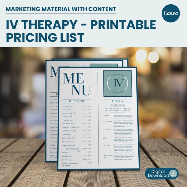 Printable Pricing List | IV Therapy Canva Menu | IV Hydration Template | Small Business Menu |Price List Template Editable | Canva Flyer