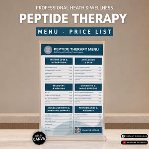 Plantilla de Lista de Precios de Terapia con Péptidos | Menú Editable en Canva para Clínicas Wellness