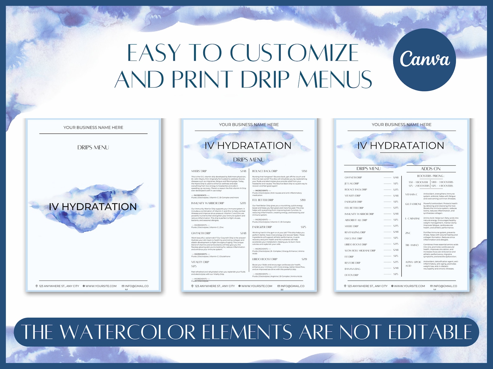 Drip Printable Menu Blue Watercolor IV Therapy Menu IV Hydration Menu