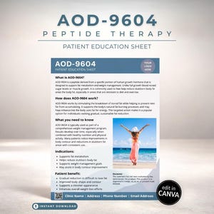 Può includere: Foglio informativo per i pazienti sulla terapia peptidica AOD-9604. Il documento descrive la funzione e i benefici di AOD-9604, incluso il supporto al metabolismo dei grassi. È inclusa un'immagine di una persona su una spiaggia. Il foglio è progettato per essere modificato in Canva.