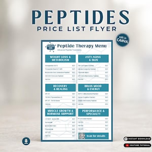 Könnte beinhalten: Ein türkisfarbener und weißer Preislisten-Flyer mit dem Titel "PEPTIDES" und dem Text "PRICE LIST FLYER". Der Flyer enthält ein "Peptidtherapie-Menü" mit Abschnitten für Gewichtsverlust, Anti-Aging, Erholung, Gehirn-Stimmung, Muskelwachstum und Leistung.