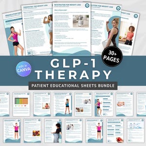 以下が含まれることがあります： 減量のためのGLP-1療法に関する30枚以上の患者向け教育シートのデジタルバンドル。青と白のブランディング、情報テキスト、さまざまな人物の写真が含まれており、すべてCanvaで編集可能です。