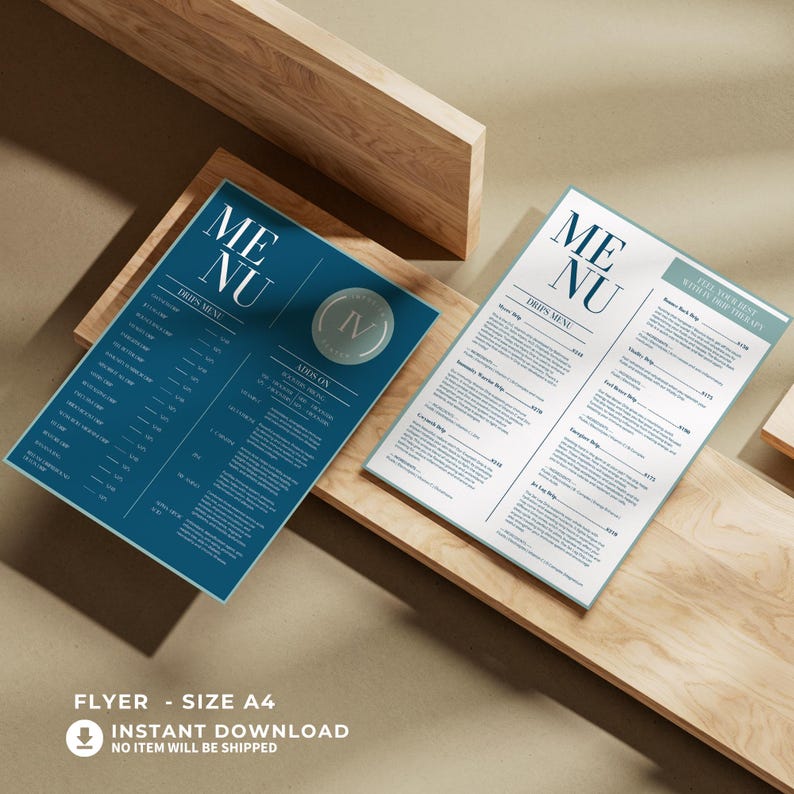 May include: Two A4-sized flyers with a modern design. One is teal, the other white, both with the word "MENU" at the top. The teal flyer has a circular logo with "IV" inside. The flyers are on a wooden surface.