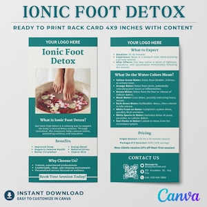 Modello di scheda per espositore per disintossicazione ionica per i piedi, design modificabile su Canva, marketing per disintossicazione naturale, benessere aziendale, marketing olistico, scheda informativa stampabile