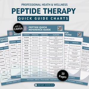 May include: A set of 10 professional health and wellness peptide therapy quick guide charts with blue and white headers. The charts feature columns for compound names, primary uses, typical doses, and key benefits, with space for contact details.