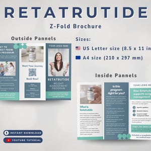 K&ouml;nnte beinhalten: Eine Z-Falz-Brosch&uuml;re mit dem Titel "RETATRUTIDE" mit Informationen zu einem Gewichtsmanagementprogramm. Die Brosch&uuml;re enth&auml;lt Details zu Programmergebnissen, Gr&ouml;&szlig;en (210 x 297 mm) und einen YouTube-Tutorial-Link.