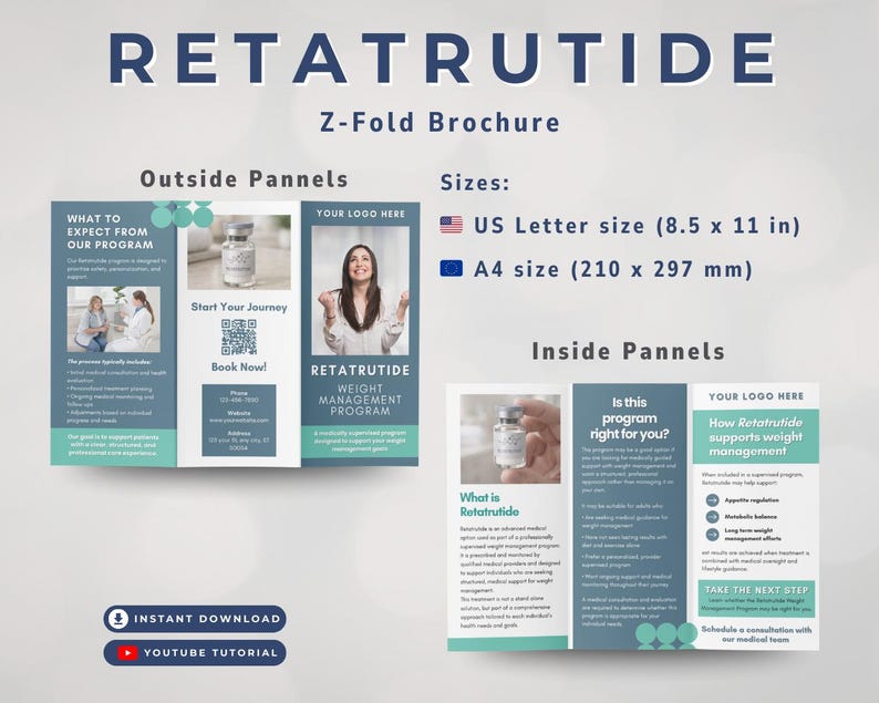 K&ouml;nnte beinhalten: Eine Z-Falz-Brosch&uuml;re mit dem Titel "RETATRUTIDE" mit Informationen zu einem Gewichtsmanagementprogramm. Die Brosch&uuml;re enth&auml;lt Details zu Programmergebnissen, Gr&ouml;&szlig;en (210 x 297 mm) und einen YouTube-Tutorial-Link.