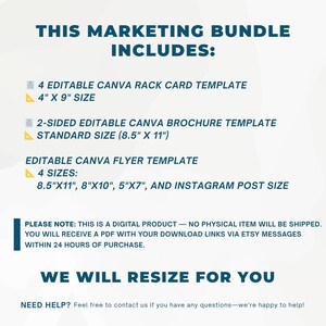 May include: A digital marketing bundle graphic with text that reads "THIS MARKETING BUNDLE INCLUDES:" and lists templates for rack cards (4" x 9"), brochures (8.5" x 11"), and flyers in various sizes, including Instagram post size.