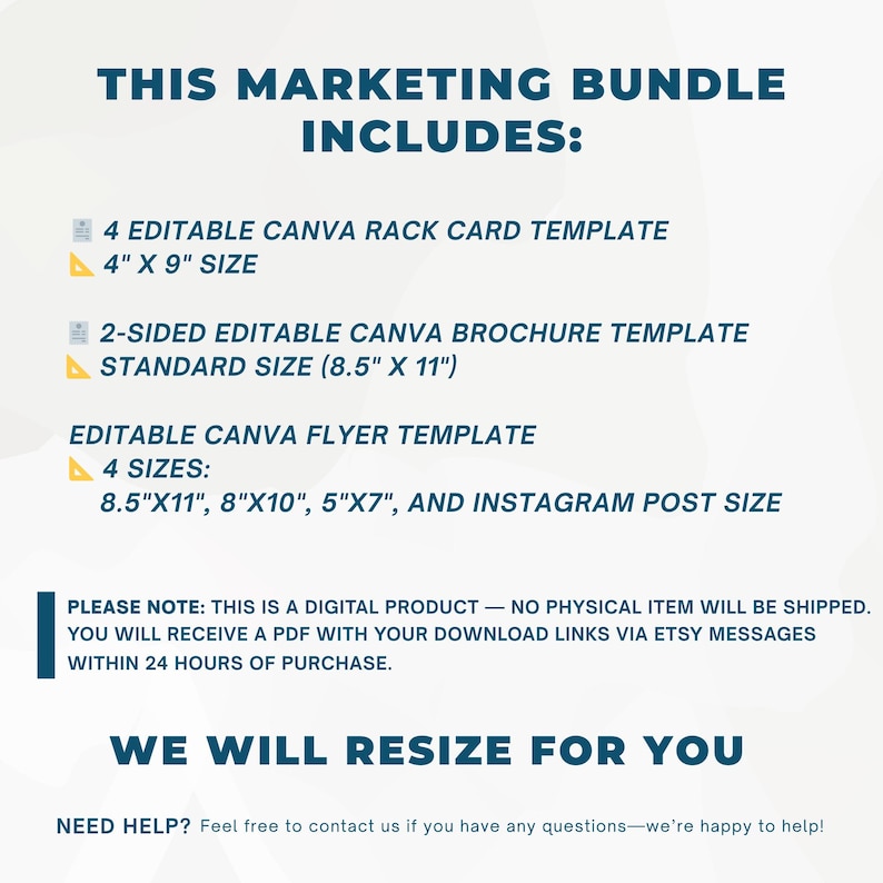 May include: A digital marketing bundle graphic with text that reads "THIS MARKETING BUNDLE INCLUDES:" and lists templates for rack cards (4" x 9"), brochures (8.5" x 11"), and flyers in various sizes, including Instagram post size.