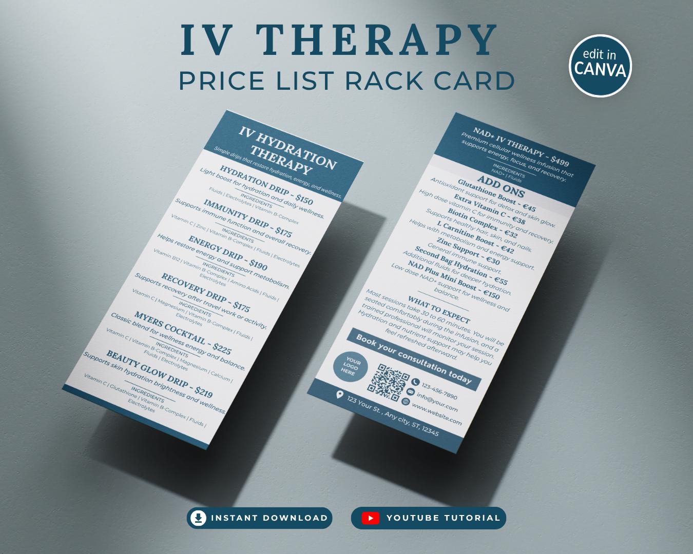 iv glutathione price list Therapy Menu Rack Card Template Medspa and Wellness Pricing Guide (canva Printable) Glutathione Shot Injections | RPM