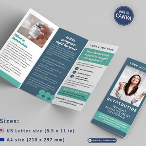 K&ouml;nnte beinhalten: Brosch&uuml;re f&uuml;r ein Gewichtsmanagement-Programm mit dem Text "Retatrutide Weight Management Program". Die Brosch&uuml;re enth&auml;lt Informationen zum Programm, ein Foto einer Frau und Gr&ouml;&szlig;enangaben in US Letter (21,6 x 27,9 cm) und A4 (210 x 297 mm).