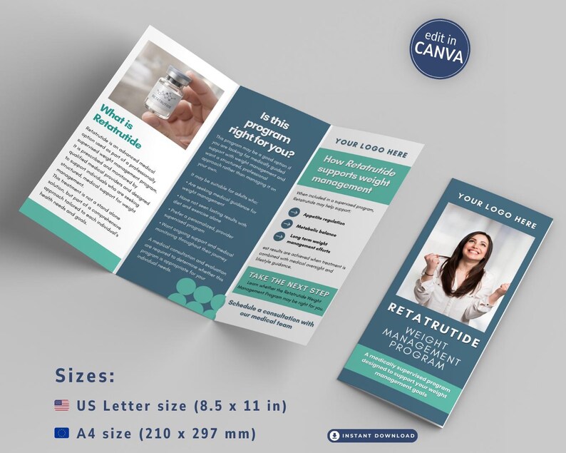 K&ouml;nnte beinhalten: Brosch&uuml;re f&uuml;r ein Gewichtsmanagement-Programm mit dem Text "Retatrutide Weight Management Program". Die Brosch&uuml;re enth&auml;lt Informationen zum Programm, ein Foto einer Frau und Gr&ouml;&szlig;enangaben in US Letter (21,6 x 27,9 cm) und A4 (210 x 297 mm).