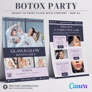 Modelo de convite para festa de Botox, folheto para evento MedSpa, marketing para clínica de pele Canva, folheto para evento estético, cartão de informações promocionais
