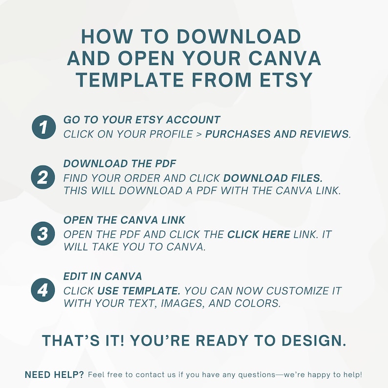 May include: A step-by-step guide on how to download and open a Canva template from Etsy. The instructions are numbered and include steps to access your Etsy account, download the PDF, open the Canva link, and edit the template. The text is in a teal color.