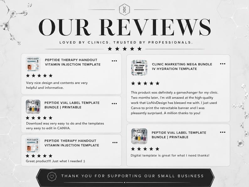 May include: A digital graphic display titled OUR REVIEWS, LOVED BY CLINICS. TRUSTED BY PROFESSIONALS. It features five customer testimonials with five-star ratings for various peptide therapy and clinic marketing templates, ending with a thank you note.