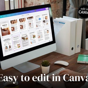 May include: A desktop computer displays a document with multiple pages. The text "Easy to edit in Canva" is at the bottom of the screen. A small potted plant, a mouse, and a keyboard are on the wooden desk.