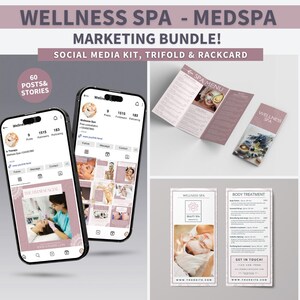 Pacote de marketing de spa Modelo de tratamento de pele Lista de preços de spa de bem-estar Cartão de massagem triplo Canva Spa Mídia social MedSpa Pós-terapia menu