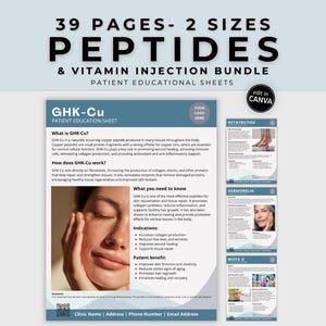 May include: A bundle of patient education sheets for peptides and vitamin injections. The title reads "39 Pages - 2 Sizes Peptides & Vitamin Injection Bundle." The sheets include information on GHK-Cu, Retatrutide, Sermorelin, and MOTS-C.